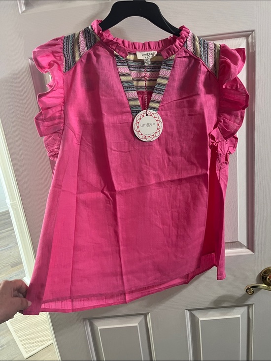 Umgee Tops - Women’s Umgee Hot Pink Ruffle Sleeve Blouse with Patterned Trim.